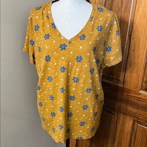 Sonoma Mustard V-Neck Top with Blue Floral Design